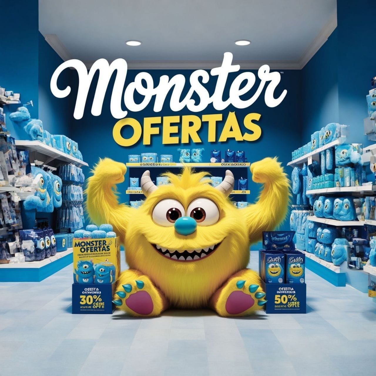 Loja da Monster Ofertas com o mascote cercado de produtos em promoção